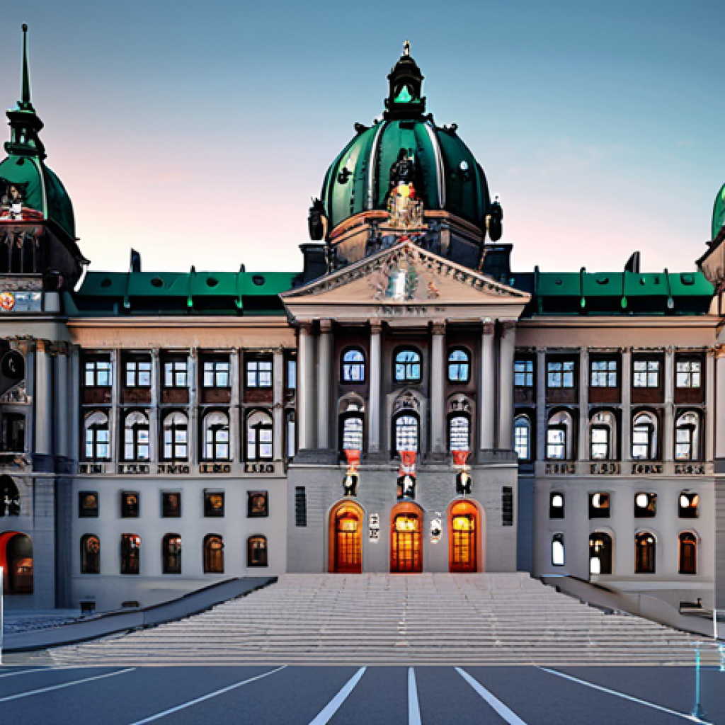 **Prompt 1: Balancing Tradition and Future in Public Service**
    A visually striking image depicting a majestic, classic European government building (like a Rathaus or Bundeshaus) on one side, seamlessly blending into or connected by a vibrant, futuristic digital landscape on the other. Abstract elements representing AI (neural networks, glowing data streams) and Big Data (complex data visualizations) are integrated with symbols of trust and ethics, such as a transparent shield or a balanced scale. The overall mood should be optimistic yet contemplative, showcasing the ongoing challenge and opportunity of modernizing public administration while upholding traditional values and citizen trust.