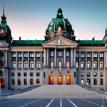 **Prompt 1: Balancing Tradition and Future in Public Service**
    A visually striking image depicting a majestic, classic European government building (like a Rathaus or Bundeshaus) on one side, seamlessly blending into or connected by a vibrant, futuristic digital landscape on the other. Abstract elements representing AI (neural networks, glowing data streams) and Big Data (complex data visualizations) are integrated with symbols of trust and ethics, such as a transparent shield or a balanced scale. The overall mood should be optimistic yet contemplative, showcasing the ongoing challenge and opportunity of modernizing public administration while upholding traditional values and citizen trust.