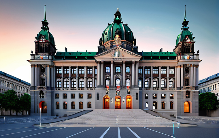 **Prompt 1: Balancing Tradition and Future in Public Service**
    A visually striking image depicting a majestic, classic European government building (like a Rathaus or Bundeshaus) on one side, seamlessly blending into or connected by a vibrant, futuristic digital landscape on the other. Abstract elements representing AI (neural networks, glowing data streams) and Big Data (complex data visualizations) are integrated with symbols of trust and ethics, such as a transparent shield or a balanced scale. The overall mood should be optimistic yet contemplative, showcasing the ongoing challenge and opportunity of modernizing public administration while upholding traditional values and citizen trust.