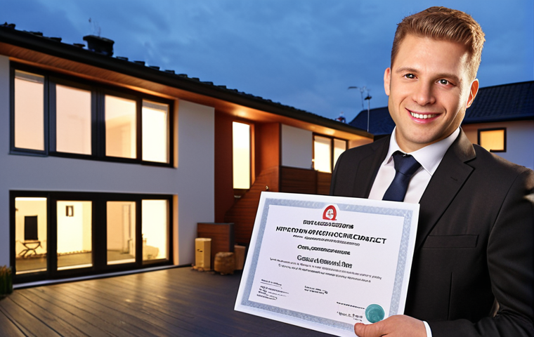 **

A modern Immobilienverwalter (property manager) confidently presenting a key, symbolizing career advancement and better job prospects thanks to their Sachkundenachweis (certificate of competence). The background shows a blend of high-rise buildings and cozy homes, representing the variety of properties they manage.  Style: Professional photograph, warm lighting.

**