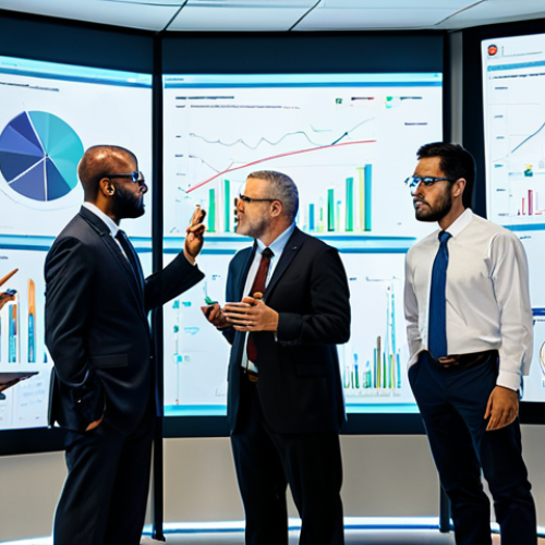 A diverse group of public administration professionals, fully clothed in modest business attire, are engaged in a collaborative discussion around a holographic projection displaying complex data visualizations in a modern, brightly lit government innovation lab. One professional points to a data chart on a large digital screen while others thoughtfully observe. The setting emphasizes futuristic technology and teamwork. The image should feature perfect anatomy, correct proportions, natural poses, well-formed hands, and proper finger count. The overall scene is safe for work, appropriate content, and highly professional, depicting a focus on digital transformation and collaborative problem-solving, with natural body proportions, high-quality, ultra-detailed professional photography.
