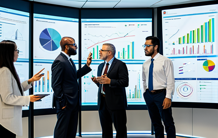 A diverse group of public administration professionals, fully clothed in modest business attire, are engaged in a collaborative discussion around a holographic projection displaying complex data visualizations in a modern, brightly lit government innovation lab. One professional points to a data chart on a large digital screen while others thoughtfully observe. The setting emphasizes futuristic technology and teamwork. The image should feature perfect anatomy, correct proportions, natural poses, well-formed hands, and proper finger count. The overall scene is safe for work, appropriate content, and highly professional, depicting a focus on digital transformation and collaborative problem-solving, with natural body proportions, high-quality, ultra-detailed professional photography.