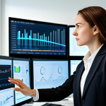 A professional female public administration expert, fully clothed in a modest business suit, intently analyzing data on multiple large monitors in a clean, brightly lit modern office. The screens display professional data visualizations and charts. The setting is organized and shows advanced technology integration. Her pose is natural, reflecting deep concentration on digital processes. safe for work, appropriate content, fully clothed, professional, perfect anatomy, correct proportions, natural pose, well-formed hands, proper finger count, professional photography, high quality, sharp focus.