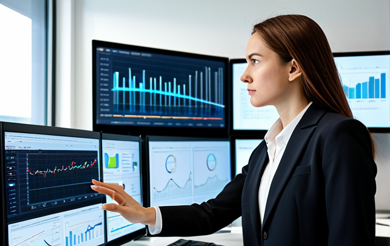 A professional female public administration expert, fully clothed in a modest business suit, intently analyzing data on multiple large monitors in a clean, brightly lit modern office. The screens display professional data visualizations and charts. The setting is organized and shows advanced technology integration. Her pose is natural, reflecting deep concentration on digital processes. safe for work, appropriate content, fully clothed, professional, perfect anatomy, correct proportions, natural pose, well-formed hands, proper finger count, professional photography, high quality, sharp focus.
