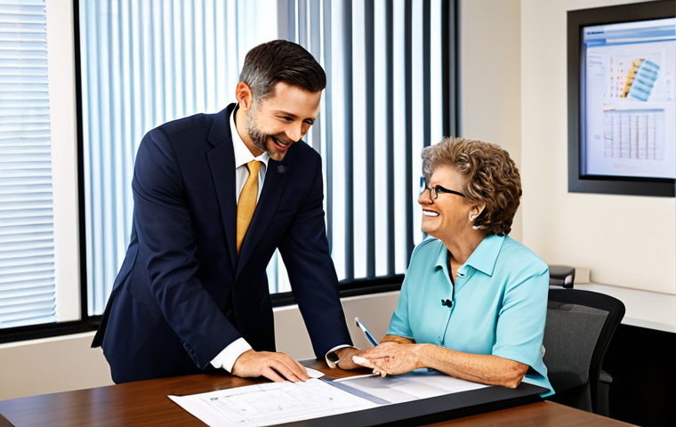 Modern Property Management Office**

"A bright and modern property management office, featuring a friendly customer service representative in professional dress, assisting a senior couple with paperwork at a clean desk. The background includes organized filing cabinets and a digital screen displaying building plans. Focus on creating a welcoming and professional atmosphere. fully clothed, appropriate content, safe for work, perfect anatomy, natural proportions, family-friendly."

**