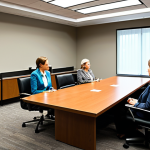 WEG-Recht (Condominium Law) Meeting**

A fully clothed, professional female lawyer moderates a homeowner's association meeting in a brightly lit conference room. Attendees are dressed in modest business attire. The scene emphasizes respectful discussion and legal documents. Safe for work, appropriate content, perfect anatomy, natural proportions, professional setting.

**