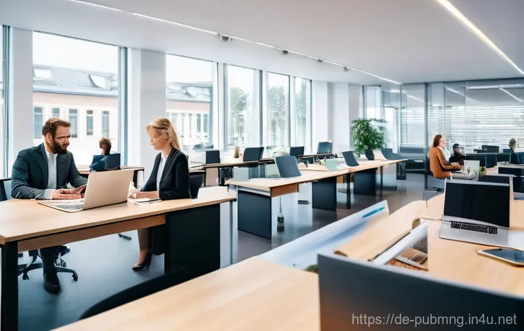 공공관리사 자격증 취득 후의 장기적 성장 가능성 - **A vibrant, wide-angle shot of a modern German public administration office.** In the foreground, a...