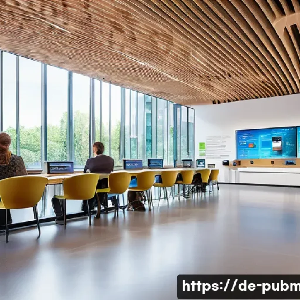 공공관리사 관련 산업의 미래 전망 - **Prompt:** A vibrant, futuristic public service center in a German city, bathed in warm, natural li...