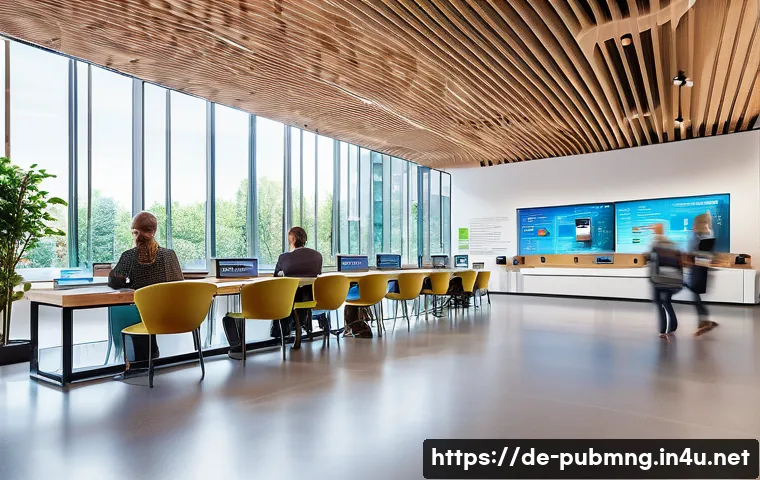 공공관리사 관련 산업의 미래 전망 - **Prompt:** A vibrant, futuristic public service center in a German city, bathed in warm, natural li...