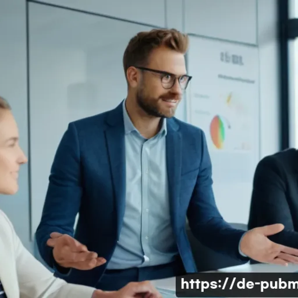 공공관리사 직무 평가에서 높은 점수를 받는 법 - A professional office scene in a modern German public administration building, showing a confident m...