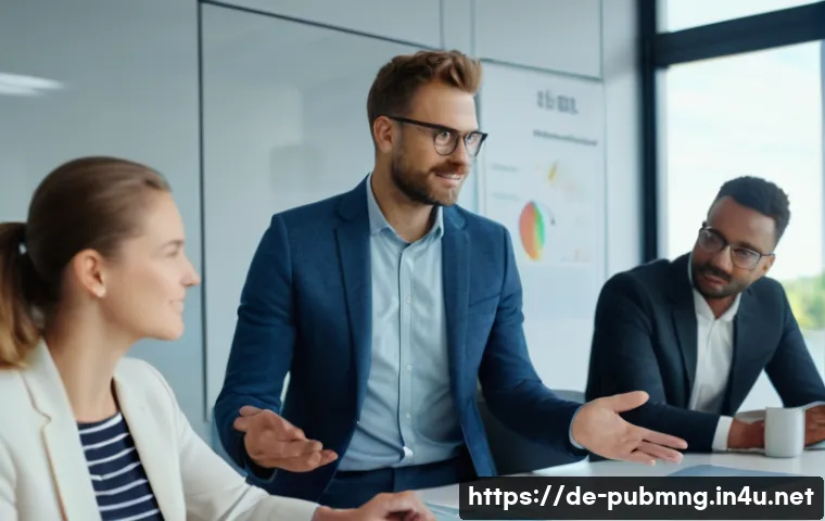 공공관리사 직무 평가에서 높은 점수를 받는 법 - A professional office scene in a modern German public administration building, showing a confident m...