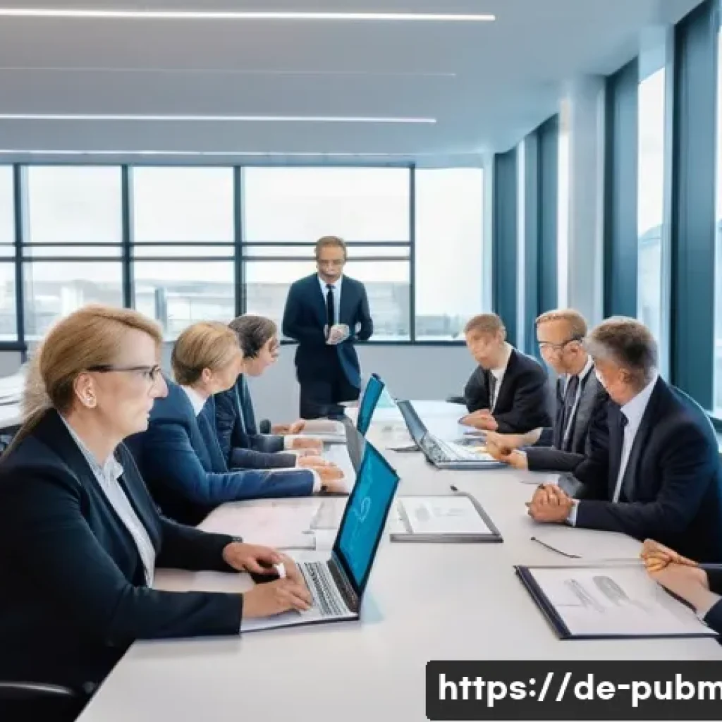 공공관리사 자격증 취득 전 알아야 할 점 - A professional office scene set in a modern German public administration building: a diverse group o...