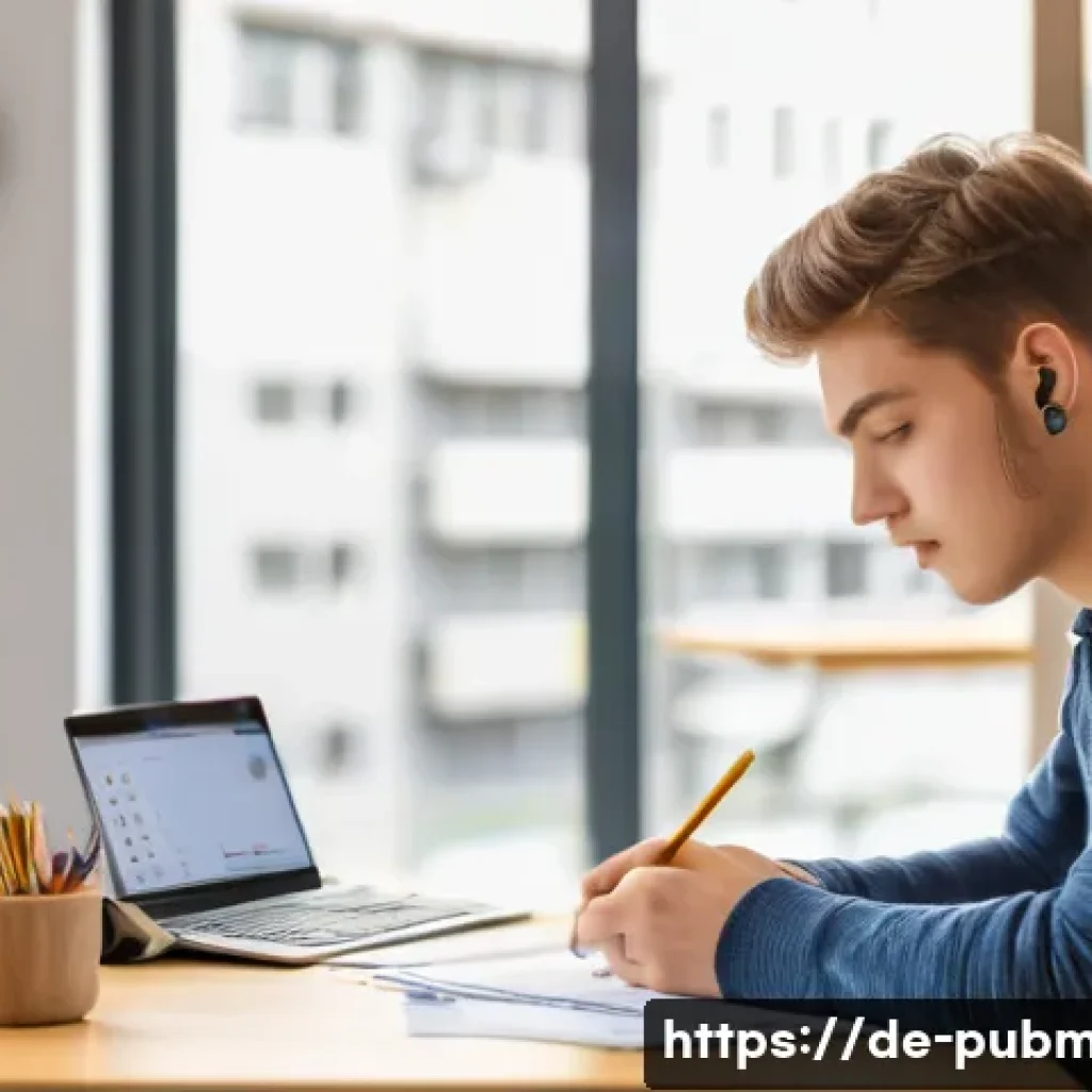 공공관리사 필기시험에서 시간 관리법 - A focused young adult student sitting at a tidy desk in a modern German study room, wearing casual b...