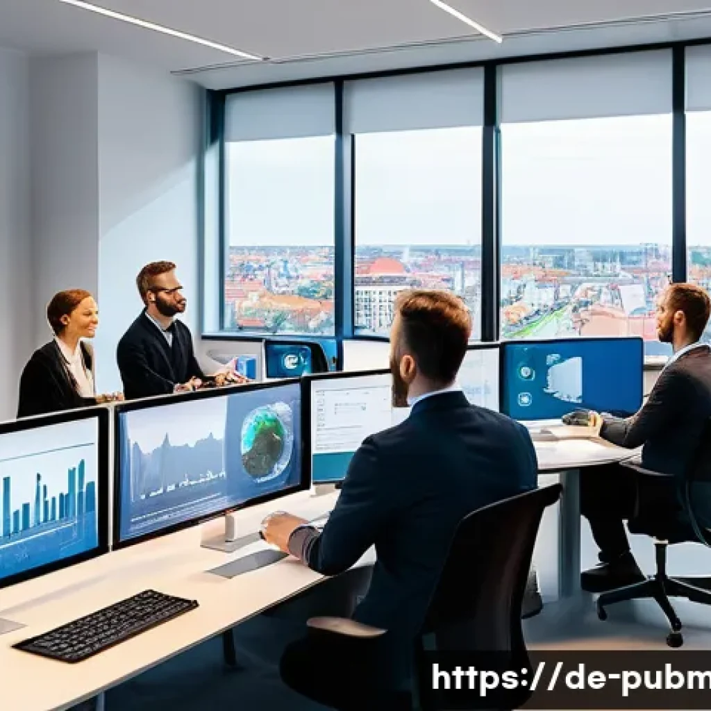 공공관리사 실무에서 발생하는 문제 해결 사례 - A modern German public administration office scene showing diverse employees collaborating around di...