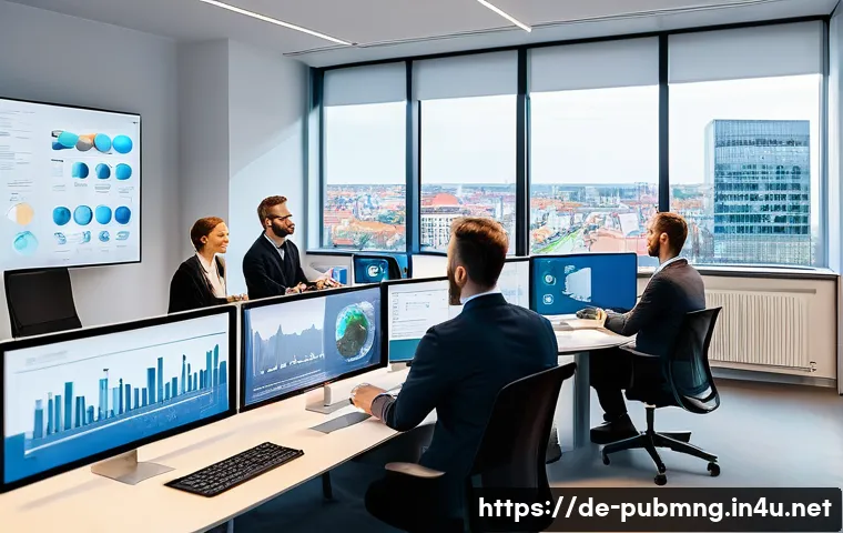 공공관리사 실무에서 발생하는 문제 해결 사례 - A modern German public administration office scene showing diverse employees collaborating around di...