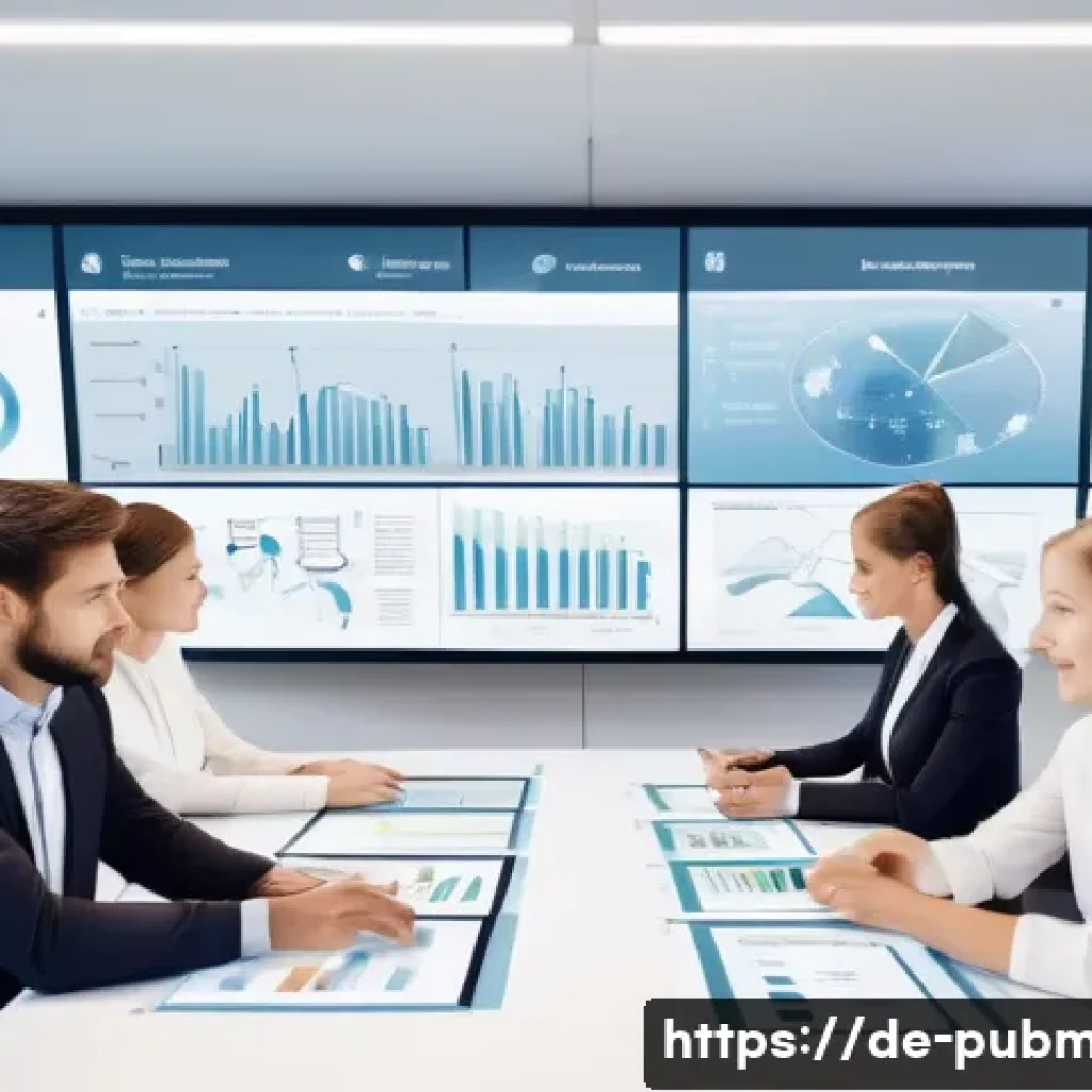 공공관리사 실무에서 자주 사용하는 용어와 정의 - A modern German public administration office with diverse employees collaborating around a large tab...