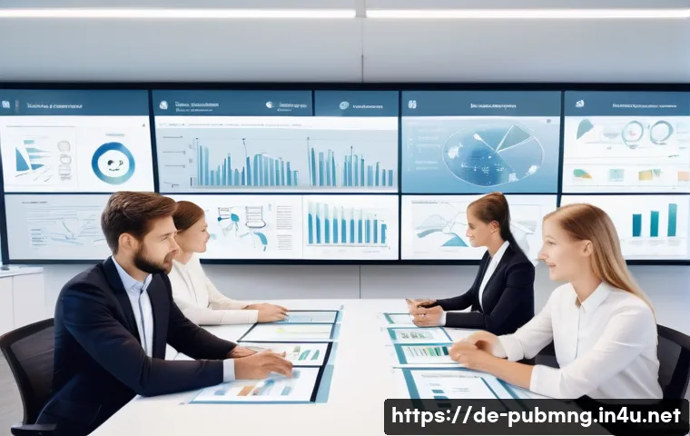 공공관리사 실무에서 자주 사용하는 용어와 정의 - A modern German public administration office with diverse employees collaborating around a large tab...