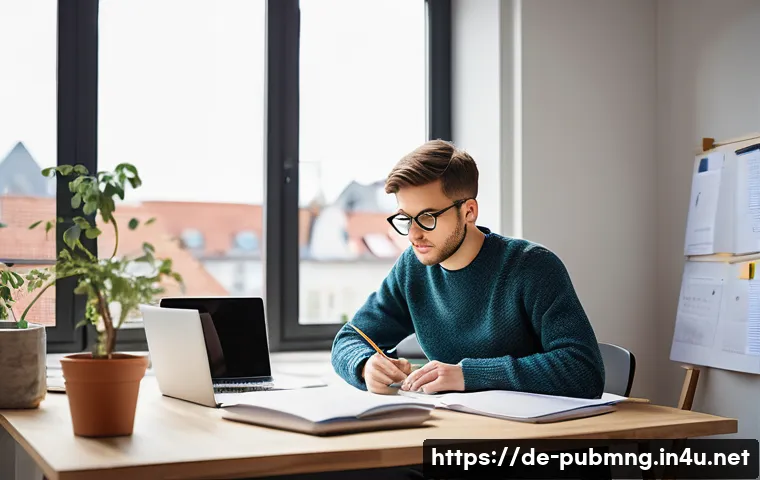 공공관리사 시험 중 실수를 피하는 팁 - A focused young adult studying at a tidy desk in a modern German-style apartment, with a laptop, org...