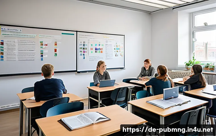 공공관리사 시험 과목별 문제 유형 분석 - A detailed classroom scene in a modern German vocational school setting, focused on public administr...
