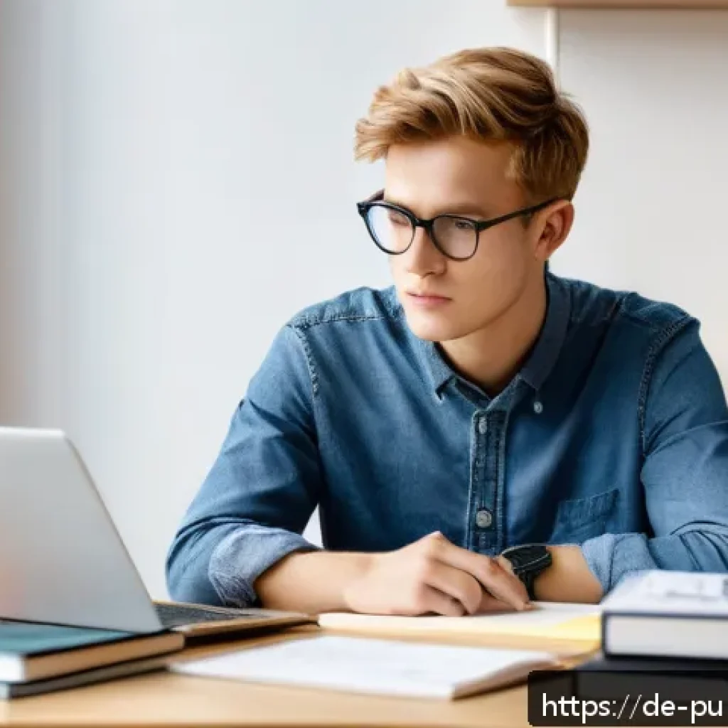 공공관리사 필기시험 전략적 준비법 - A focused young German adult sitting at a tidy desk in a bright, modern home office, surrounded by t...