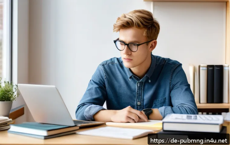 공공관리사 필기시험 전략적 준비법 - A focused young German adult sitting at a tidy desk in a bright, modern home office, surrounded by t...