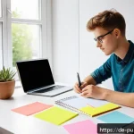 공공관리사 시험 준비 중 겪는 어려움과 해결책 - A young adult student studying at a modern German-style desk in a bright, cozy room with large windo...