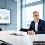 공공관리사와 행정직의 차이점 - A modern public sector manager in a contemporary German office setting, wearing professional busines...