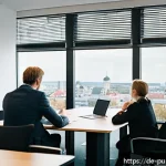 공공관리사 실기시험 시뮬레이션 방법 - A professional office scene set in a German public administration environment, showing a diverse gro...