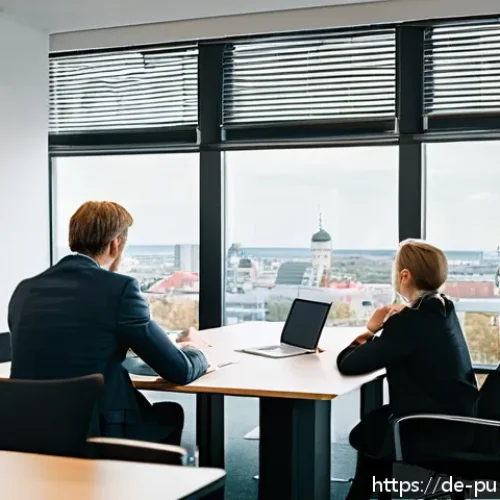 공공관리사 실기시험 시뮬레이션 방법 - A professional office scene set in a German public administration environment, showing a diverse gro...