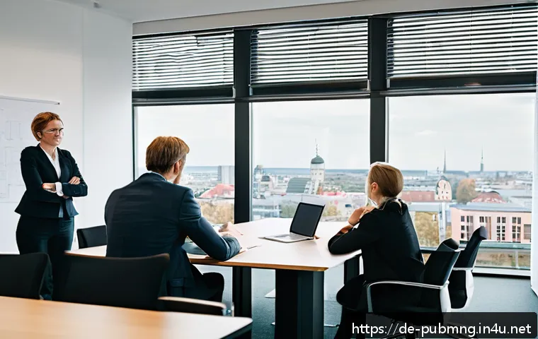 공공관리사 실기시험 시뮬레이션 방법 - A professional office scene set in a German public administration environment, showing a diverse gro...