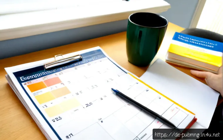공공관리사 시험 대비 체크리스트 - Photorealistic study desk in a bright German home office, a focused adult learner reviewing a clean ...