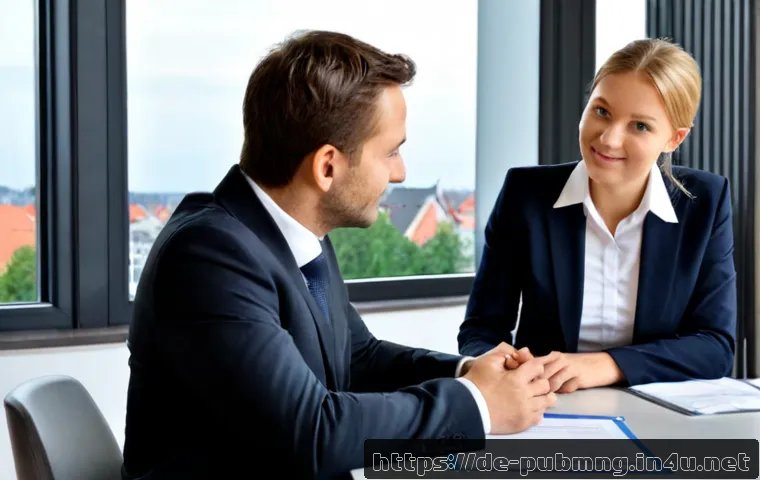 공공관리사 취업 시 가장 중요한 요소 - Photorealistic hiring interview in a modern German municipal administration office, confident middle...