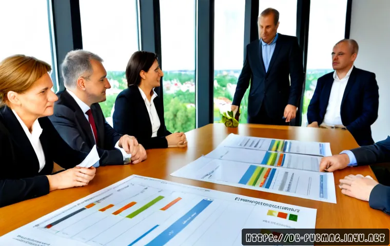 공공관리사 관련 업계 동향 - Photorealistic German municipal administration meeting, diverse public management professionals arou...